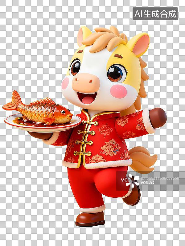 【AI数字艺术】3D渲染春节节日穿红色中式棉袄吉祥小马端着一盘红烧鱼参加除夕年夜饭聚会图片素材