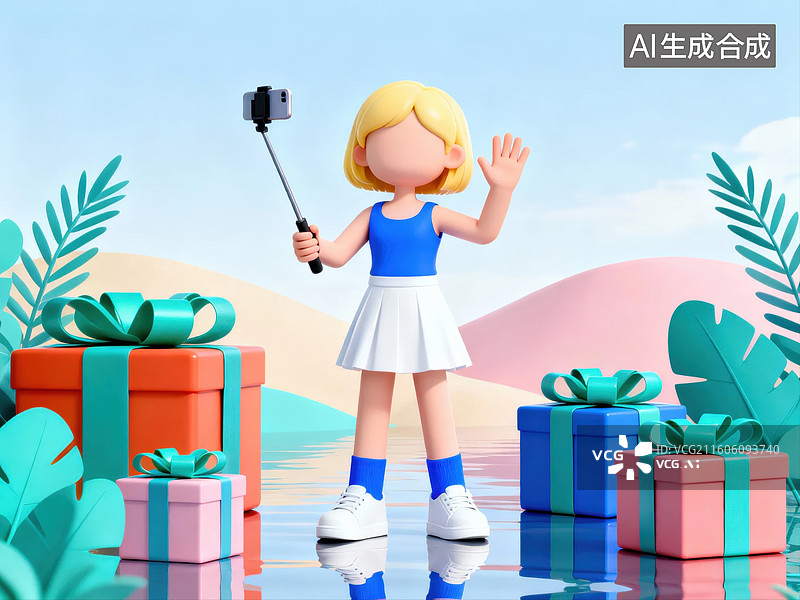 【AI数字艺术】卡通女孩手持自拍杆拍照图片素材
