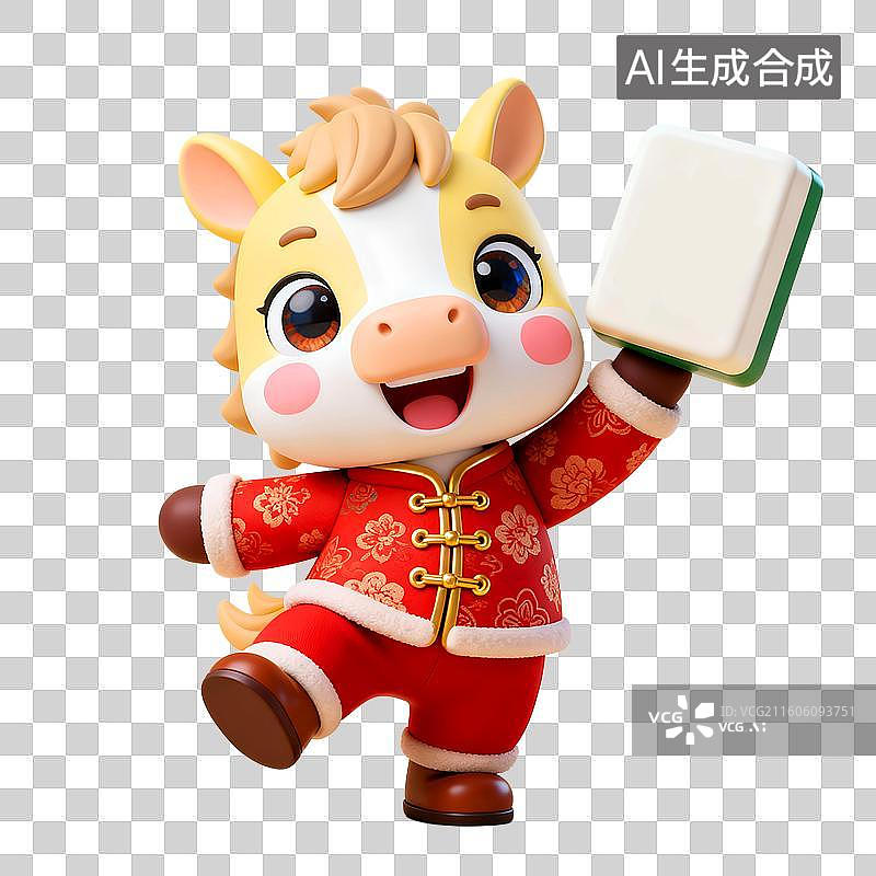 【AI数字艺术】3D春节吉祥小马拿着麻将牌发庆祝马上发财马上暴富元素图片素材