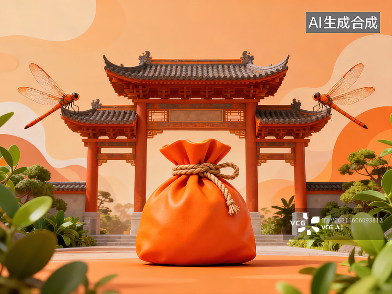 【AI数字艺术】橙色布袋前的中式牌坊图片素材