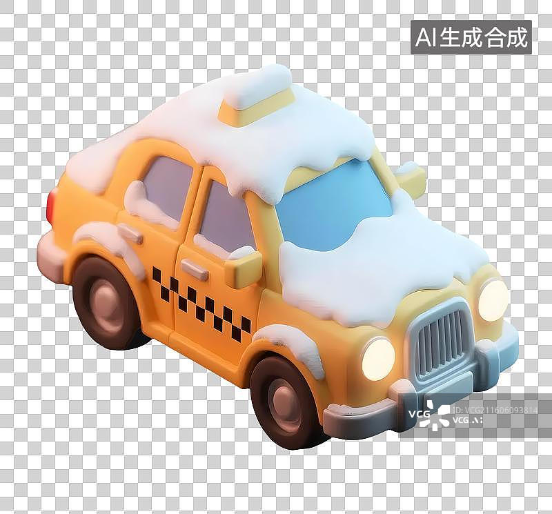 【AI数字艺术】AIGC：3D卡通被雪覆盖的出租车，冬天装饰，设计元素，免抠图形图片素材
