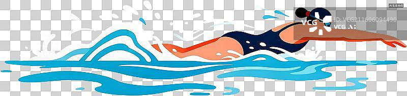 【AI数字艺术】2d扁平化风格卡通插画一个人运动自由泳游泳训练比赛插画元素免抠图形图片素材