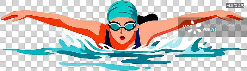 【AI数字艺术】2d扁平化风格卡通插画一个人运动自由泳游泳训练比赛插画元素免抠图形图片素材
