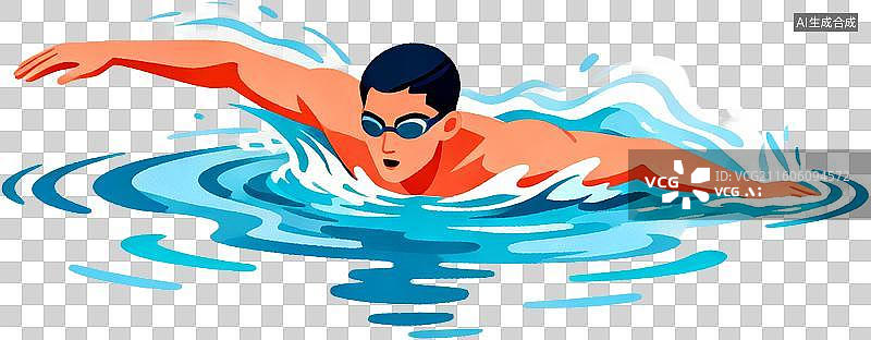 【AI数字艺术】2d扁平化风格卡通插画一个人运动自由泳游泳训练比赛插画元素免抠图形图片素材