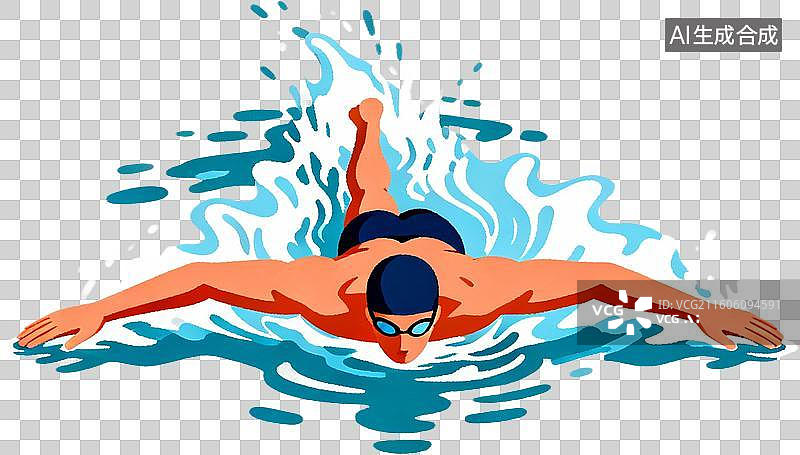 【AI数字艺术】2d扁平化风格卡通插画一个人运动自由泳游泳训练比赛插画元素免抠图形图片素材