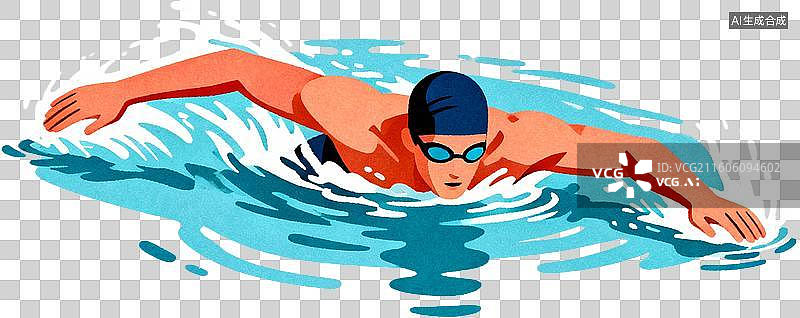 【AI数字艺术】2d扁平化风格卡通插画一个人运动自由泳游泳训练比赛插画元素免抠图形图片素材