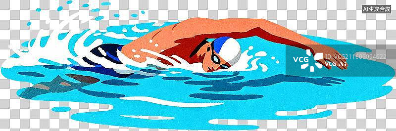 【AI数字艺术】2d扁平化风格卡通插画一个人运动自由泳游泳训练比赛插画元素免抠图形图片素材