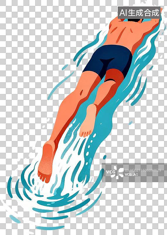 【AI数字艺术】2d扁平化风格卡通插画一个人运动自由泳游泳训练比赛插画元素免抠图形图片素材