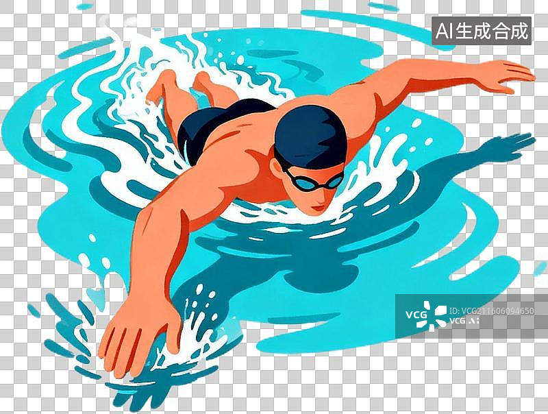 【AI数字艺术】2d扁平化风格卡通插画一个人运动自由泳游泳训练比赛插画元素免抠图形图片素材
