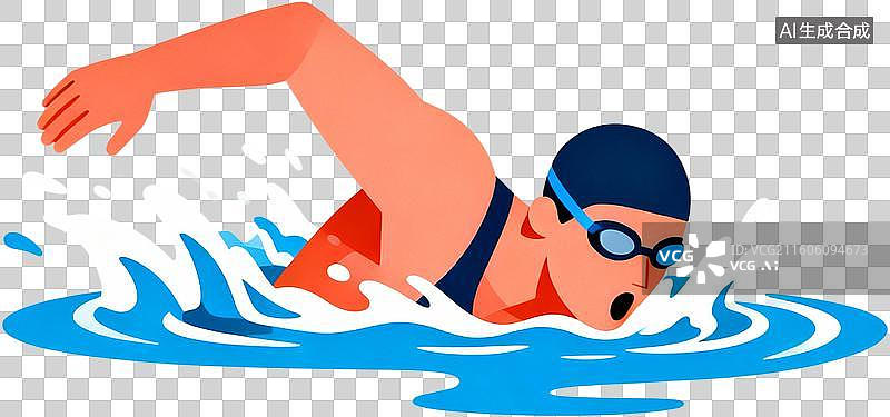 【AI数字艺术】2d扁平化风格卡通插画一个人运动自由泳游泳训练比赛插画元素免抠图形图片素材