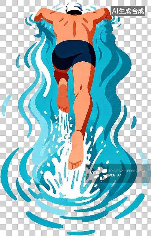 【AI数字艺术】2d扁平化风格卡通插画一个人运动自由泳游泳训练比赛插画元素免抠图形图片素材