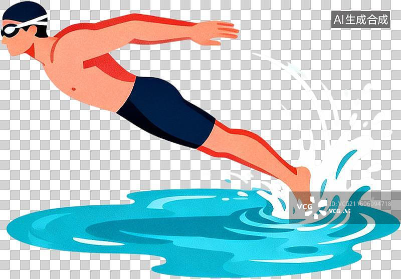 【AI数字艺术】2d扁平化风格卡通插画一个人运动自由泳游泳训练比赛插画元素免抠图形图片素材