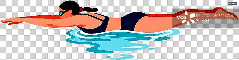 【AI数字艺术】2d扁平化风格卡通插画一个人运动自由泳游泳训练比赛插画元素免抠图形图片素材