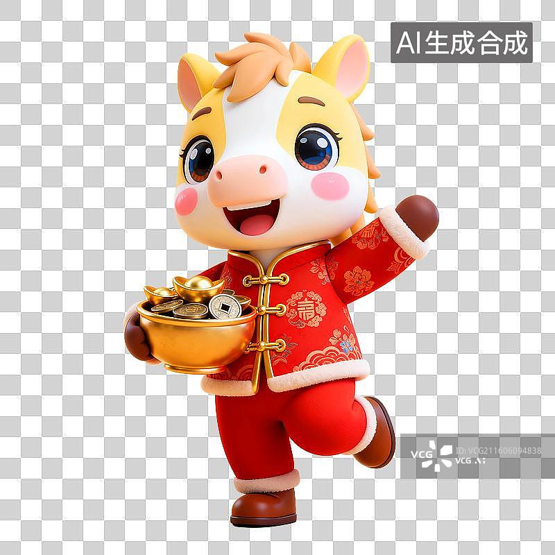 【AI数字艺术】3D马年穿着红色中式棉袄的吉祥物小马拿着元宝桃花鞭炮拜年年会元素图片素材