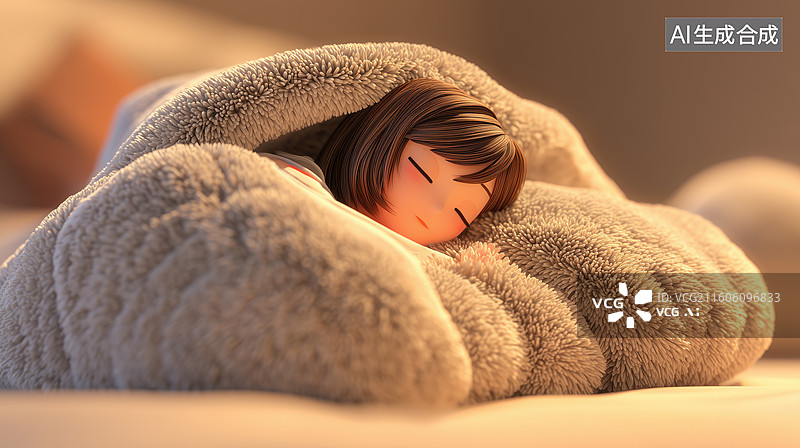 【AI数字艺术】睡在温暖毛绒床上的女孩卡通立体羊毛毡插画图片素材