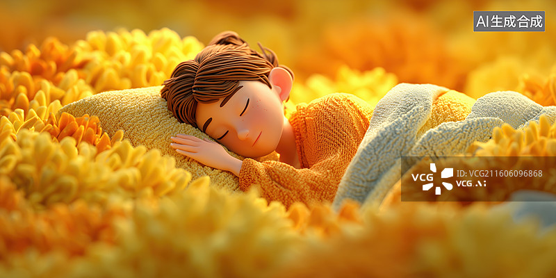 【AI数字艺术】睡在温暖毛绒床上的女孩卡通立体羊毛毡插画图片素材