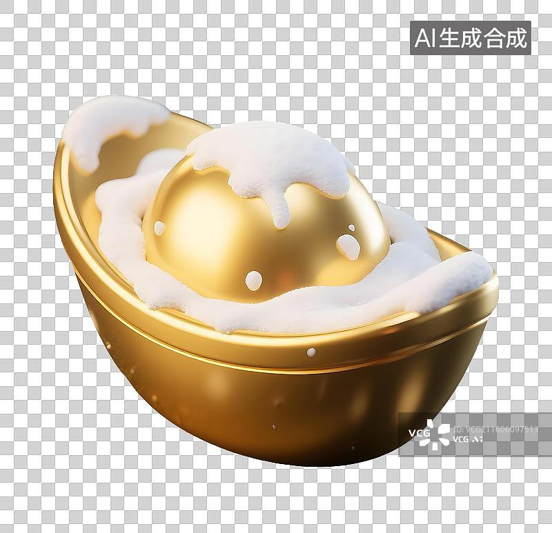 【AI数字艺术】AIGC：3D落上积雪的金元宝，冬季节日，春节新年年货节，装饰，元素，免抠图形图片素材
