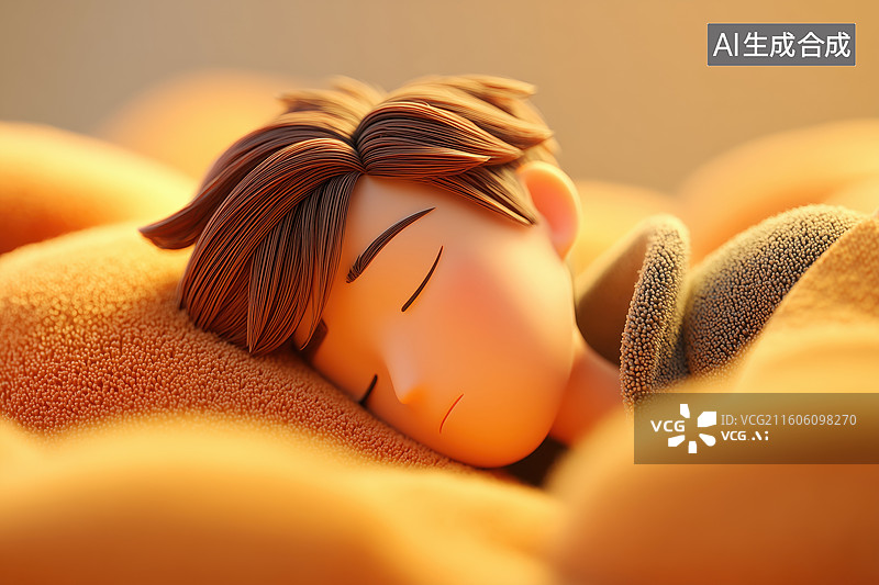 【AI数字艺术】睡在温暖毛绒床上的男孩卡通立体羊毛毡插画图片素材