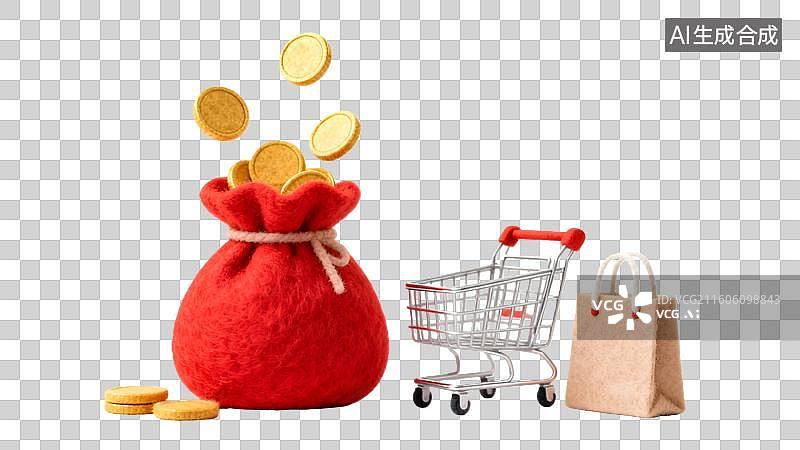 【AI数字艺术】购物袋金币飞溅购物车  钱袋爆出金币图片素材