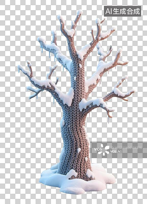【AI数字艺术】AIGC:3D毛线针织风格的冬季落雪秃树。冬季装饰，元素，免抠图形图片素材