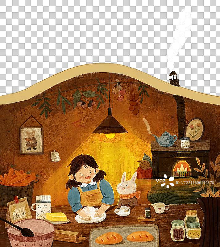 女孩和小兔子一起做面包图片素材