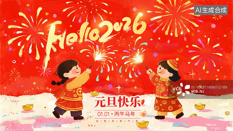 【AI数字艺术】喜庆烟花背景，2026年新年节日插画，两个年画娃娃一起放烟花 玩仙女棒庆祝过年，喜庆热闹的背景 横版图片素材