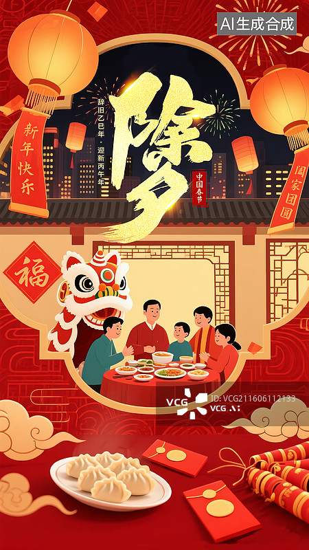 【AI数字艺术】2026年传统年俗大年三十 年夜饭插画海报模版 古代建筑庭院前的家庭聚餐 舞狮和焰火氛围 除夕吃饺子图片素材