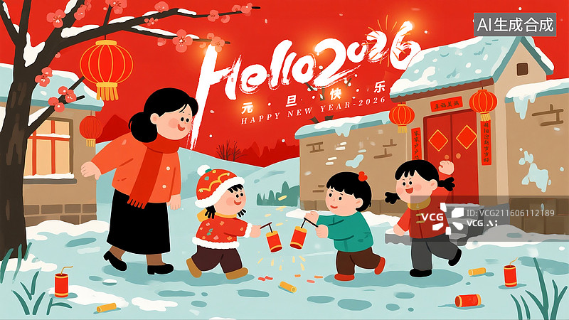 【AI数字艺术】2026马年春节年画 妈妈带着三个孩子在家门口放鞭炮，大雪覆盖下的房屋，元旦新年喜庆氛围  横版图片素材