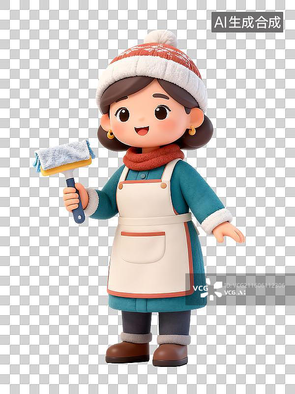 【AI数字艺术】手拿抹布的妇女3D卡通免抠元素图片素材