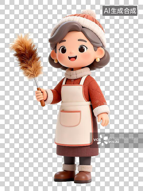 【AI数字艺术】手拿鸡毛掸子的女人3D卡通免抠元素图片素材