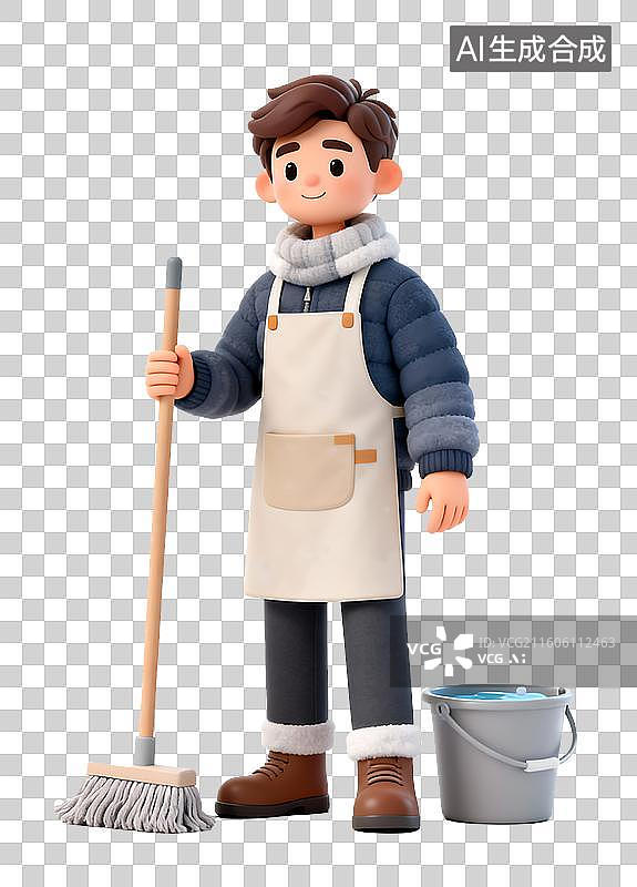 【AI数字艺术】拖地的男人3D卡通免抠元素图片素材