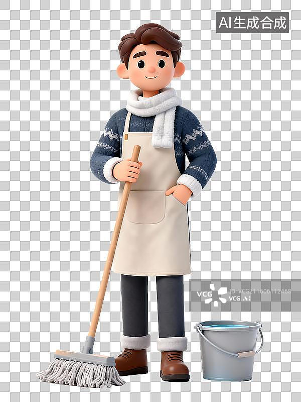 【AI数字艺术】拖地的男人3D卡通免抠元素图片素材