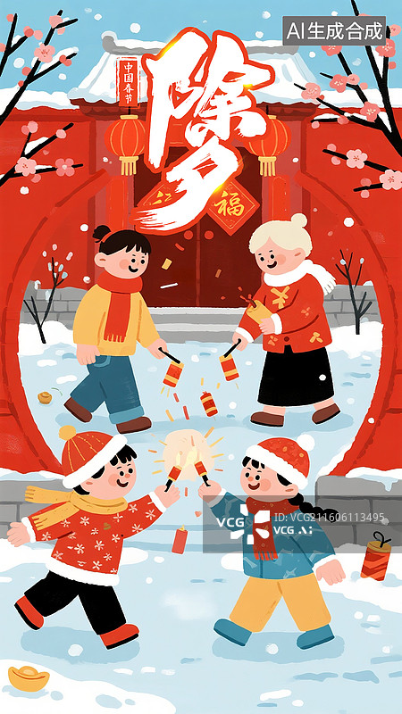 【AI数字艺术】2026马年春节年画 大人带着孩子欢快地在家门口放鞭炮，大雪覆盖下的房屋，新年喜庆氛围 竖版图片素材