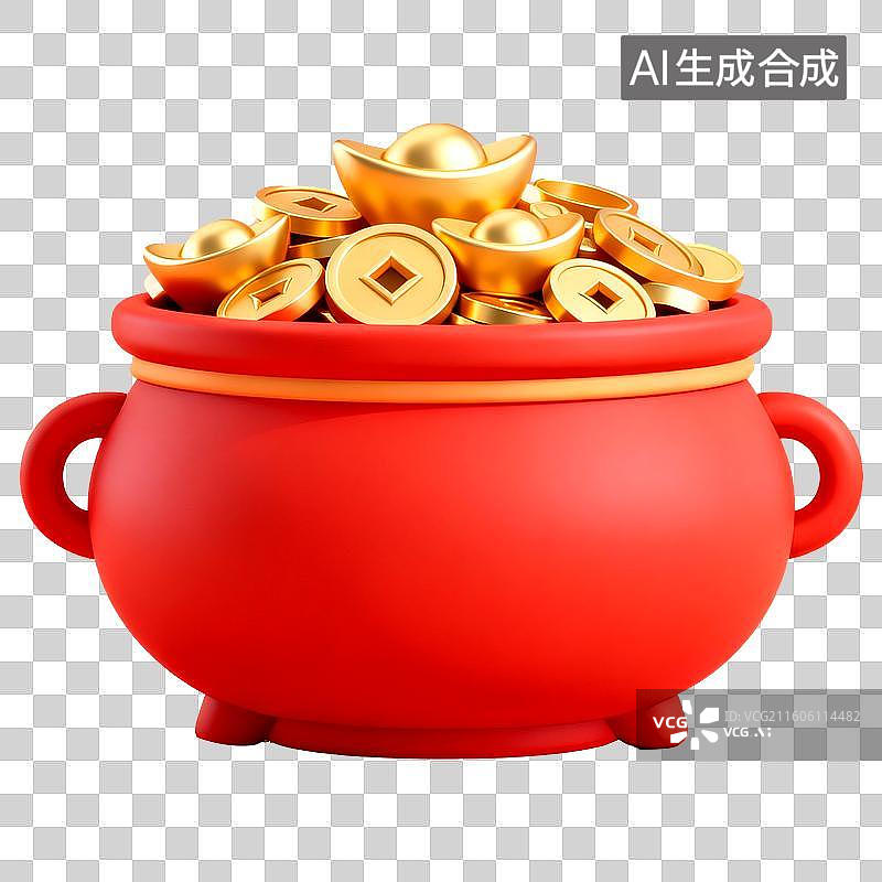 【AI数字艺术】3D立体三维C4D春节新年红色装满金银财宝的聚宝盆免抠元素设计元素图片素材