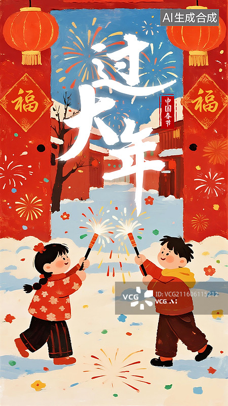 【AI数字艺术】喜庆烟花村庄，2026年新年节日插画，两个年画娃娃一起放烟花 玩仙女棒庆祝过年，喜庆热闹的背景 竖版图片素材