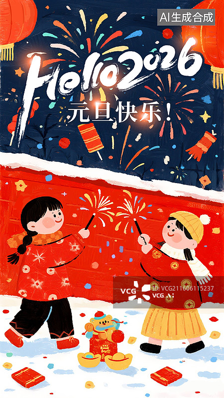 【AI数字艺术】喜庆烟花背景，2026年新年节日插画，两个年画娃娃一起放烟花 玩仙女棒庆祝过年，喜庆热闹的背景 竖版图片素材