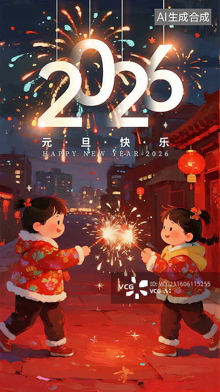 【AI数字艺术】2026年新年节日插画，两个年画娃娃一起放烟花 玩仙女棒庆祝过年，喜庆热闹的建筑街道背景 竖版图片素材