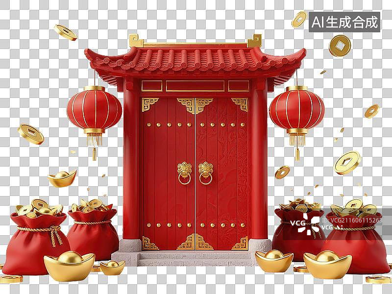 【AI数字艺术】红色中国风大门元素图片素材