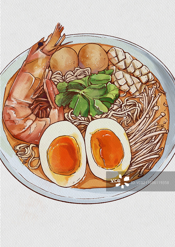 手绘水彩风格铅笔风格面条插画鸡蛋海鲜蔬菜鱼丸金针菇面条图片素材