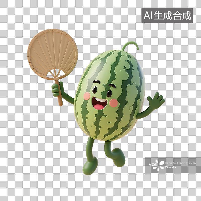 【AI数字艺术】3D渲染，卡通西瓜，拿着扇子的拟人西瓜，夏天，一个新鲜水果，食材，免抠元素图片素材