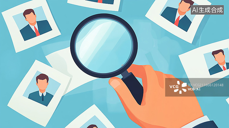 【AI数字艺术】放大镜筛选人员简历图片素材