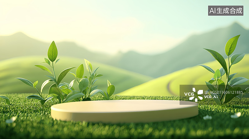 【AI数字艺术】春天茶叶电商产品展台绿色种植园采茶微缩景观 Product Showcase Miniature L图片素材