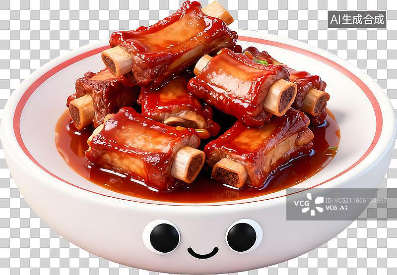 【AI数字艺术】3D风格中餐美食红烧排骨放在盘子里中式成品菜肴免抠元素图片素材