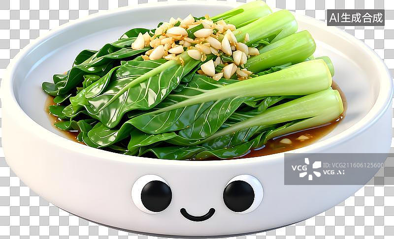 【AI数字艺术】3D风格中餐美食蒜蓉油麦菜中式成品菜肴免抠元素图片素材