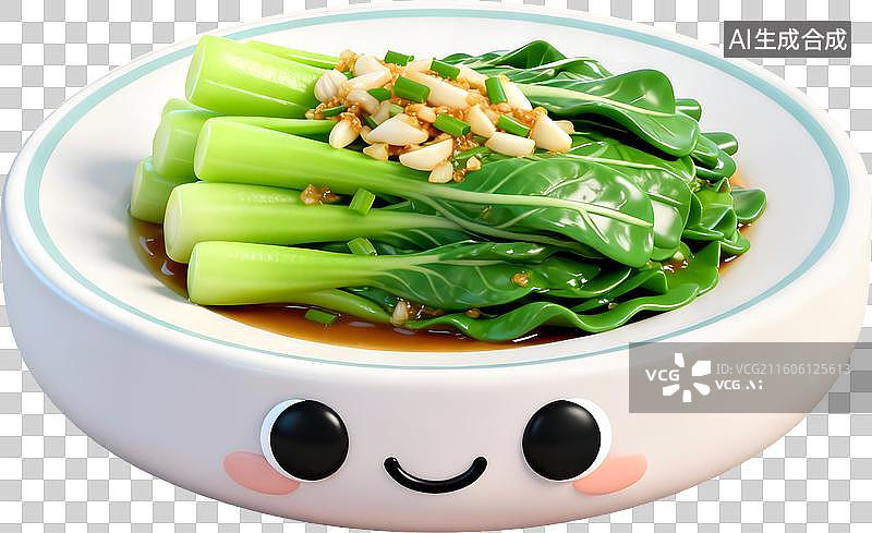 【AI数字艺术】3D风格中餐美食蒜蓉油麦菜中式成品菜肴免抠元素图片素材