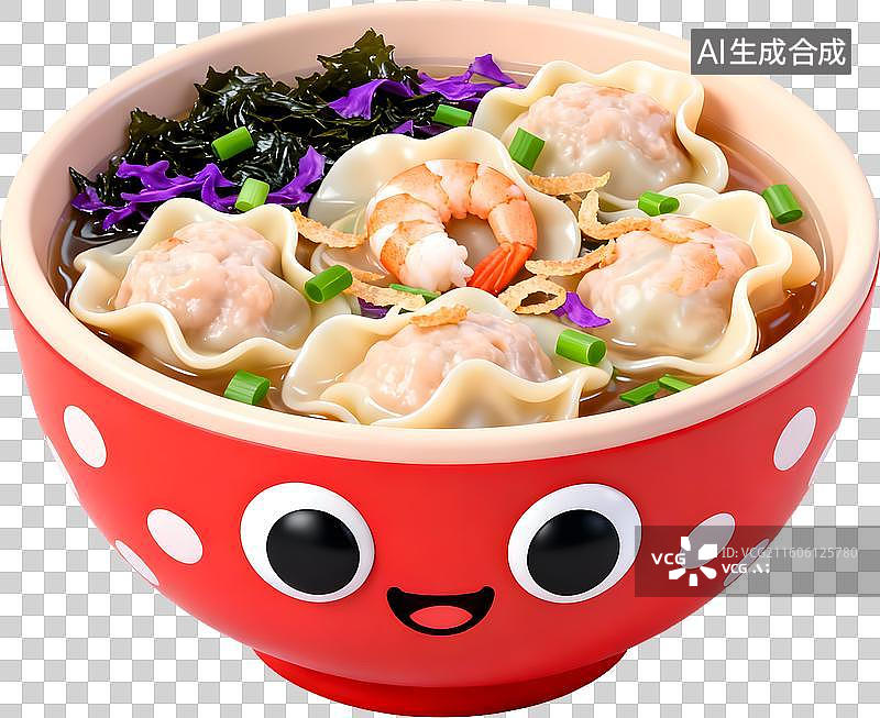 【AI数字艺术】3D风格中餐美食虾肉馄饨中式成品菜肴免抠元素图片素材