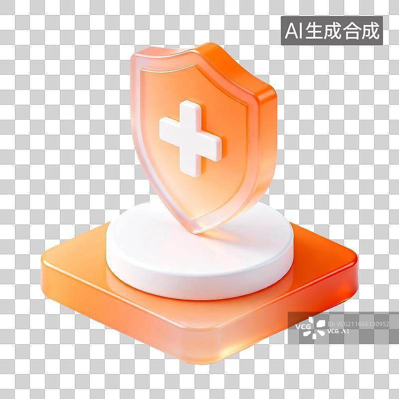 【AI数字艺术】3D渲染，透明质感，橙色盾牌，盾，盾牌，图形图标免抠元素图片素材