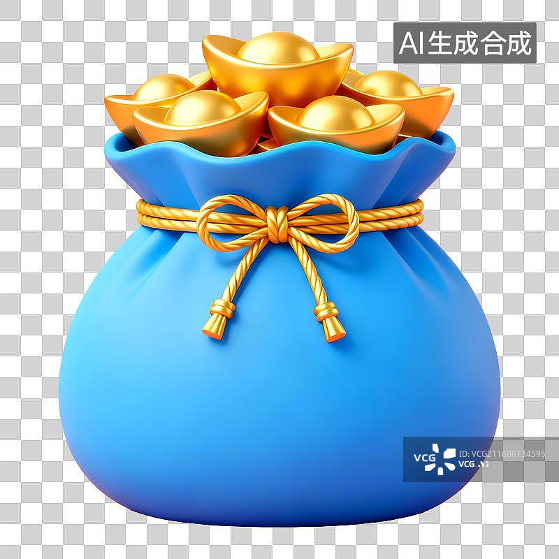 【AI数字艺术】3D立体三维C4D蓝色财富金元宝金融保险储蓄投资利润市场福袋钱袋免抠元素设计元素图片素材