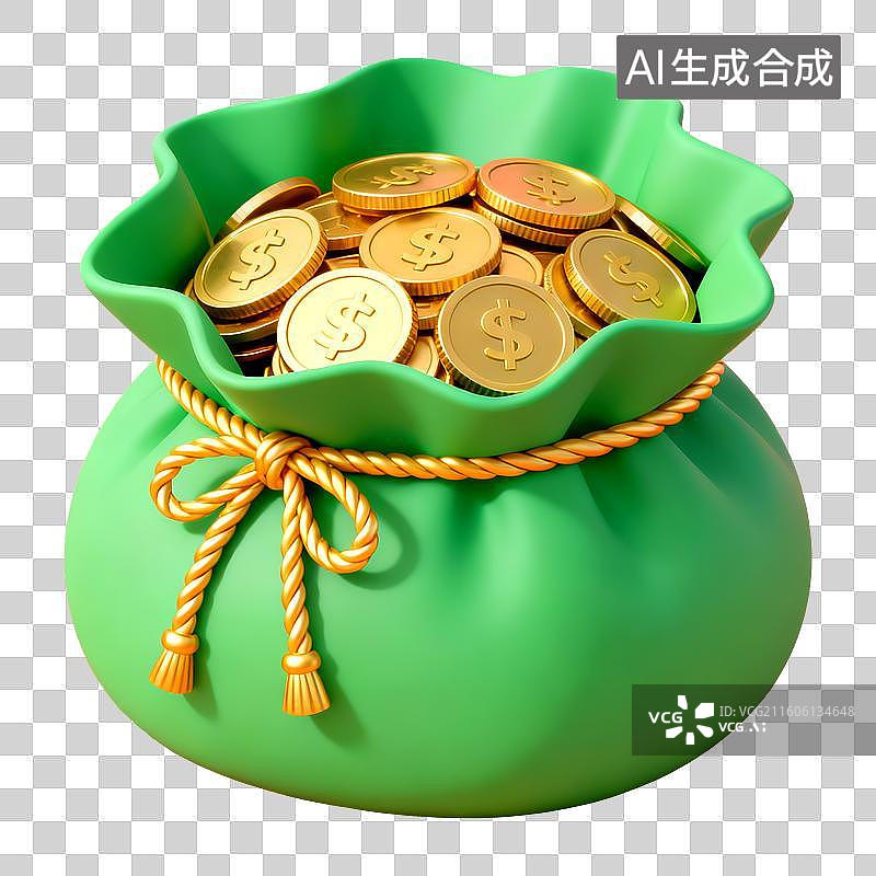 【AI数字艺术】3D立体三维C4D绿色金币钱币金钱财富金融保险储蓄投资利润市场福袋钱袋免抠元素设计元素图片素材