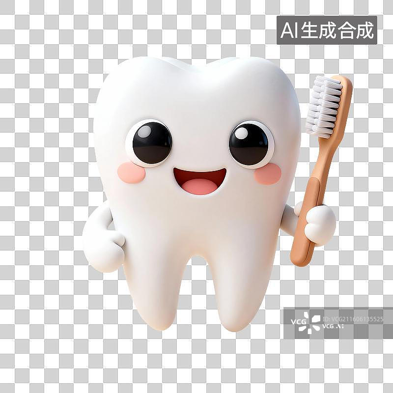 【AI数字艺术】3D渲染，粘土风，可爱的卡通拟人牙齿，漱口，牙齿清洁免抠元素图片素材